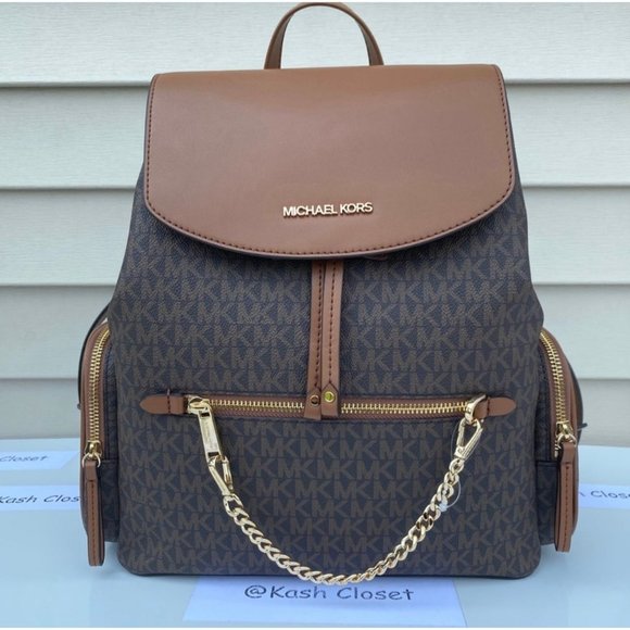 Michael Kors Jet Set MK Logo Large Chain Backpack Brown - Picture 3 of 11